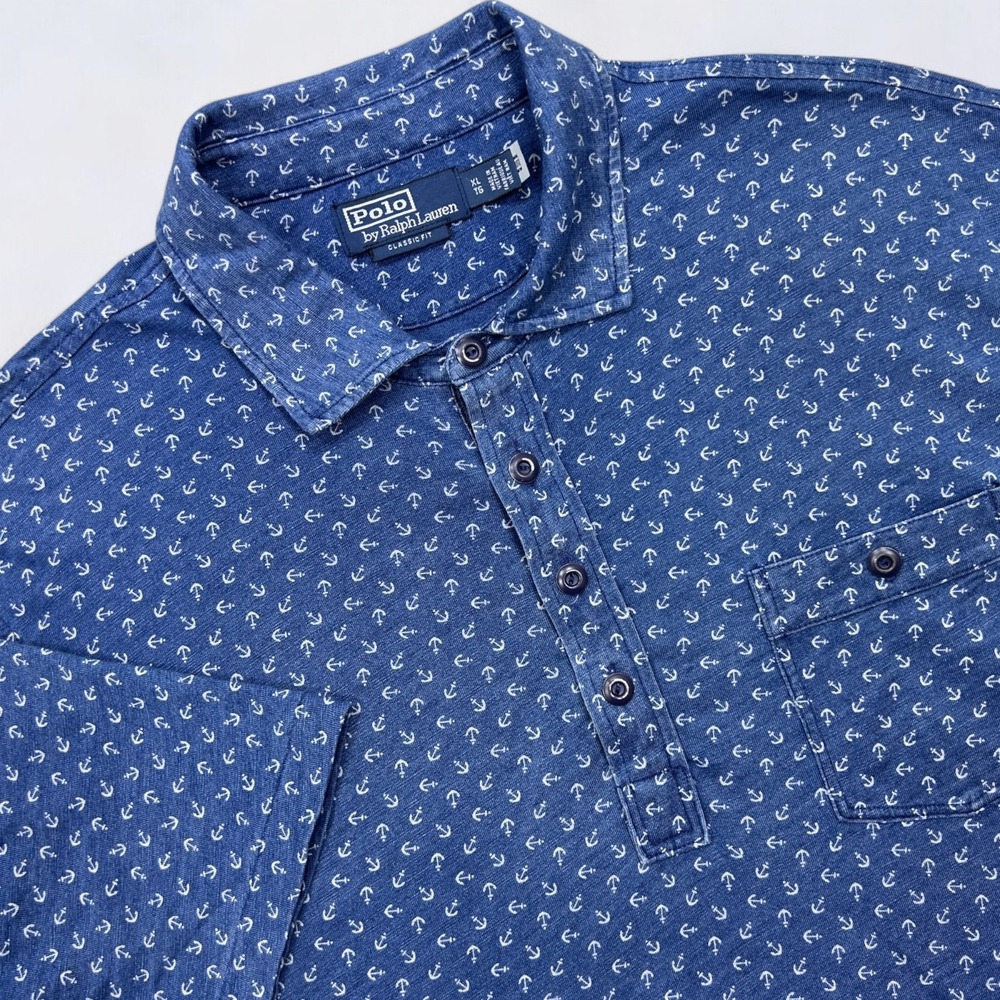 Polo Ralph Lauren Shirt Mens XL Blue Polo AOP Anchor Print Short Sleeve Classic